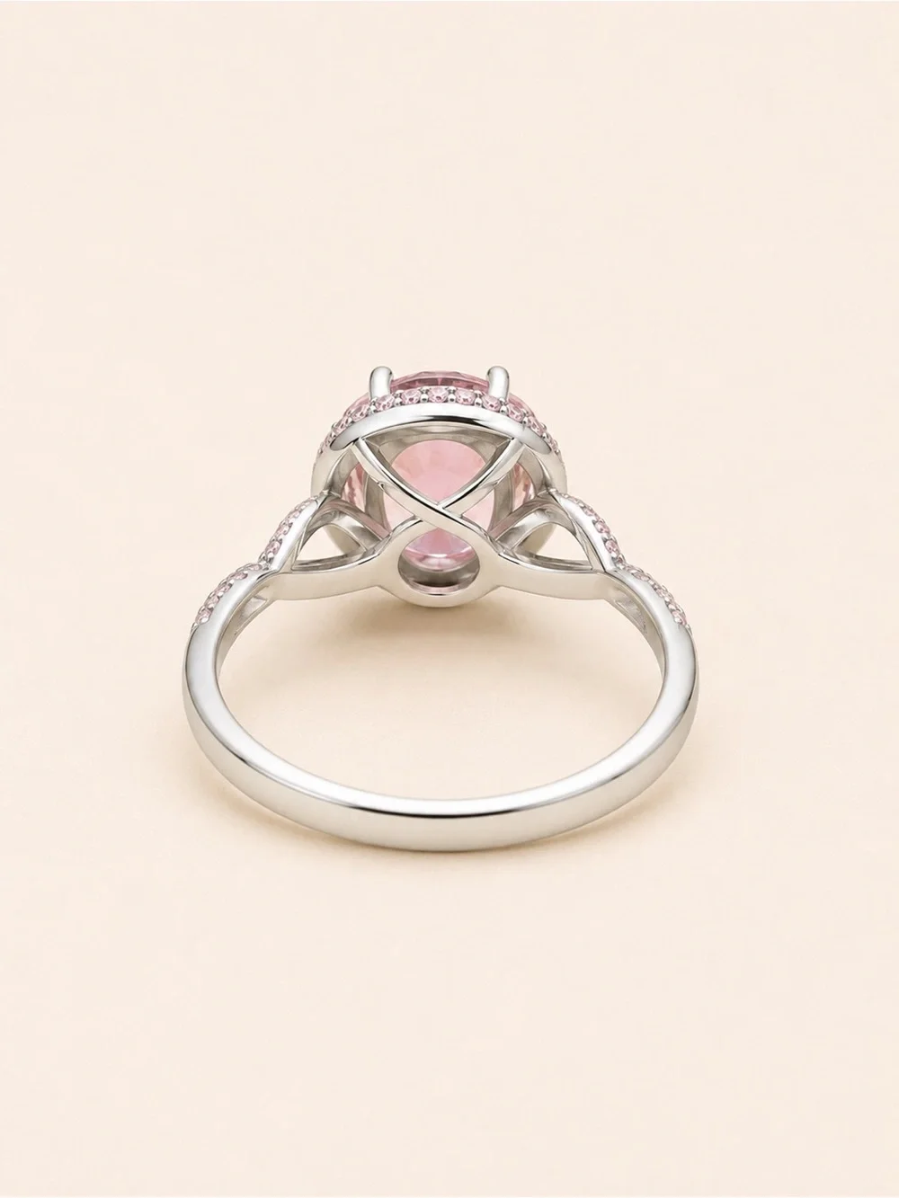 Pink & White Cubic Zirconia Antique Style Engagement Ring Silver Tone Round Halo